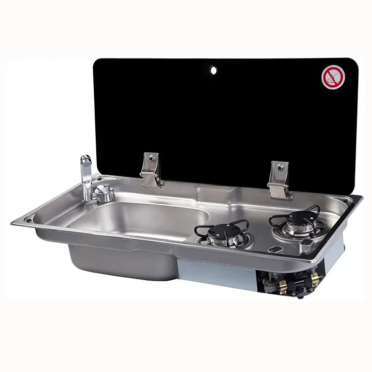 Black Glass 304 Stainless Steel Kitchen Sink Integrated Gas Stove for RV Caravan Camper Van Camper Trailer