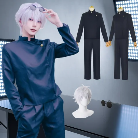Gojo Satoru Cosplay Kostümleri hommes dökün, Anime iforme de ly puta, Perruque trempée, Kostüm d'Halloween, Vêtements yetişkinler için