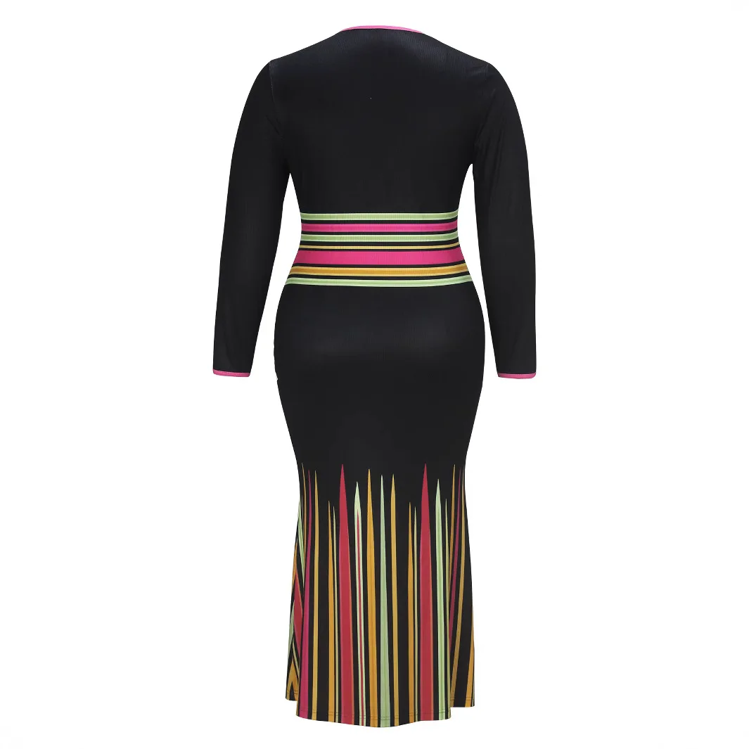 European and American Spring and Autumn women's fashionable and elegant V-neck tight fishtail skirt plus size dress