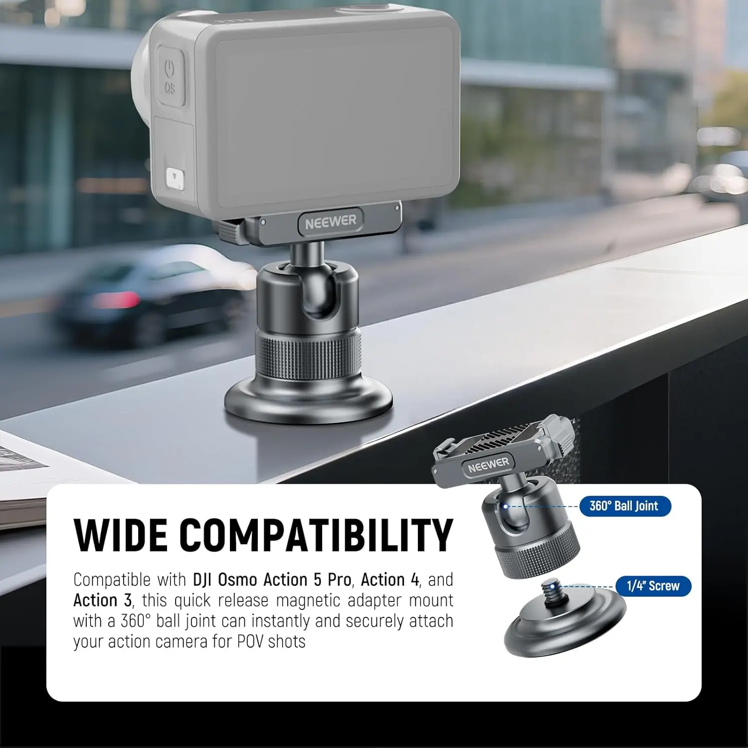 NEEWER حامل كاميرا مغناطيسي 360 ° حامل محول رأس كروي سريع التحرير 1/4 بوصة لـ DJI Osmo 360 / Action 5 Pro/4/3 #2