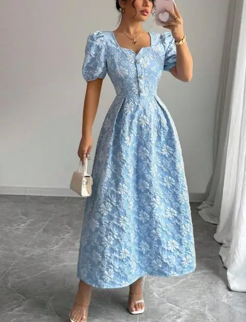 

Daisy Relief Short-Sleeved A-Line Skirt Dress 2025 Temperament Style Women's Fashion Minimalist Design Knee-Length Bodycon