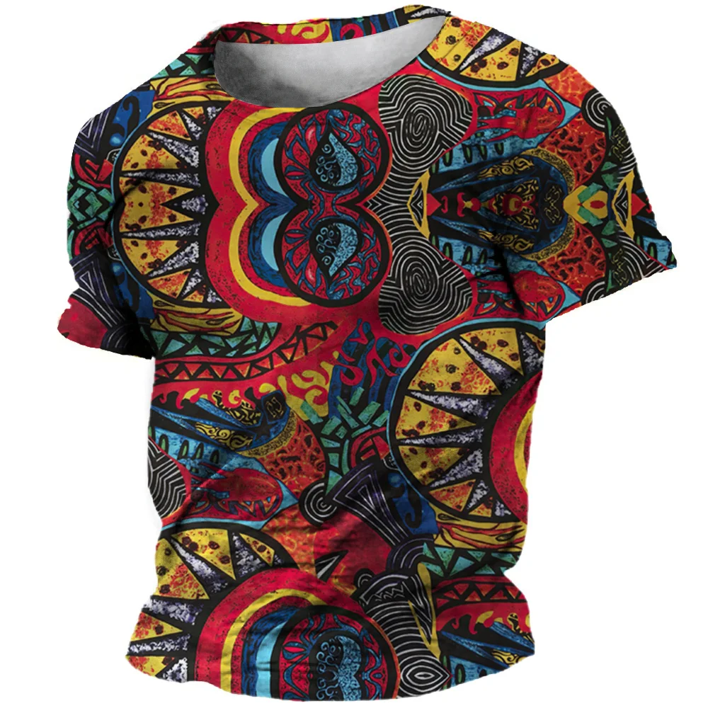 Men\'s Vintage Graffiti Print T-shirt 3D Tribal Pattern T-shirt Street Color O-Neck Tops Fashion Short Sleeve Plus Size T-shirts