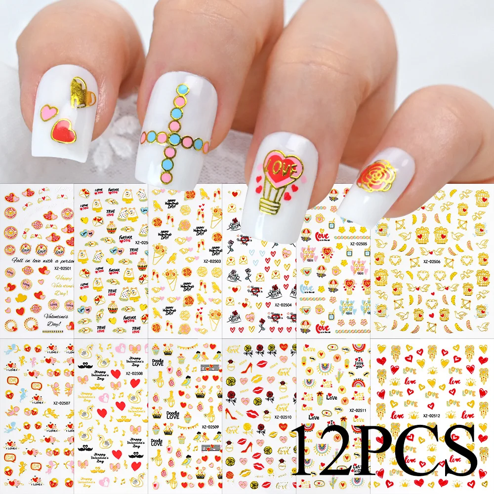 12PCS Colorful Metallic Love Heart Nail Art Stickers Golden Line Flower Balloon Valentine Nail Design Adhesive Slider Decal Deco