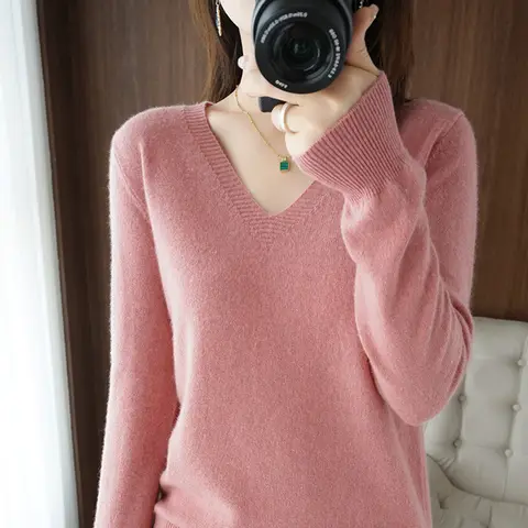 New Cashmere Women's V-neck Pullover Lace Neck Hollow Out Design Casual Knitted Long Sleeve Women's Sweater Autumn And Winter