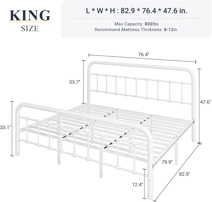 King Size Metal Platform Bed Frame with Victorian Style Wrought Iron-Art Headboard/Footboard No Box Spring Required White