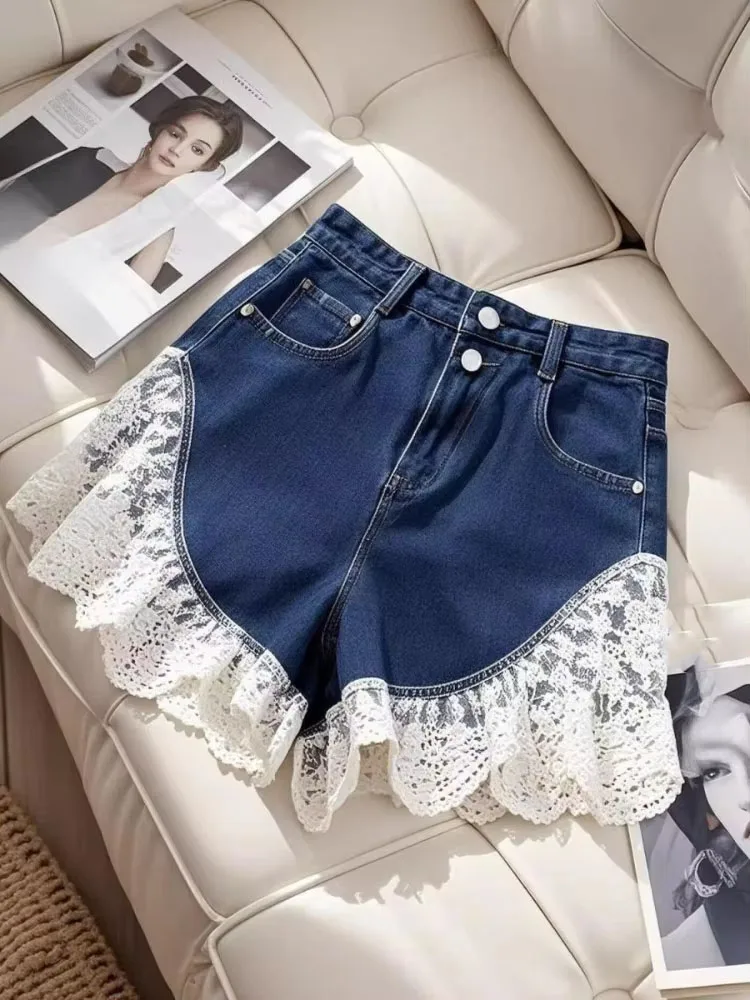 Summer New Denim Shorts High Waist Lace Patchwork Contrast Color Wide Leg Pants French Design Slim All Match Women's Clothing