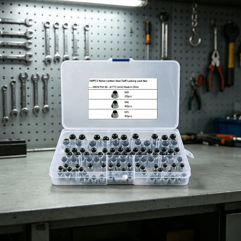 DIN 986 Locking Cap Nut Assortment with Black Insert Locking Structure, Carbon Steel Fasteners, and a 100-Count 87HA