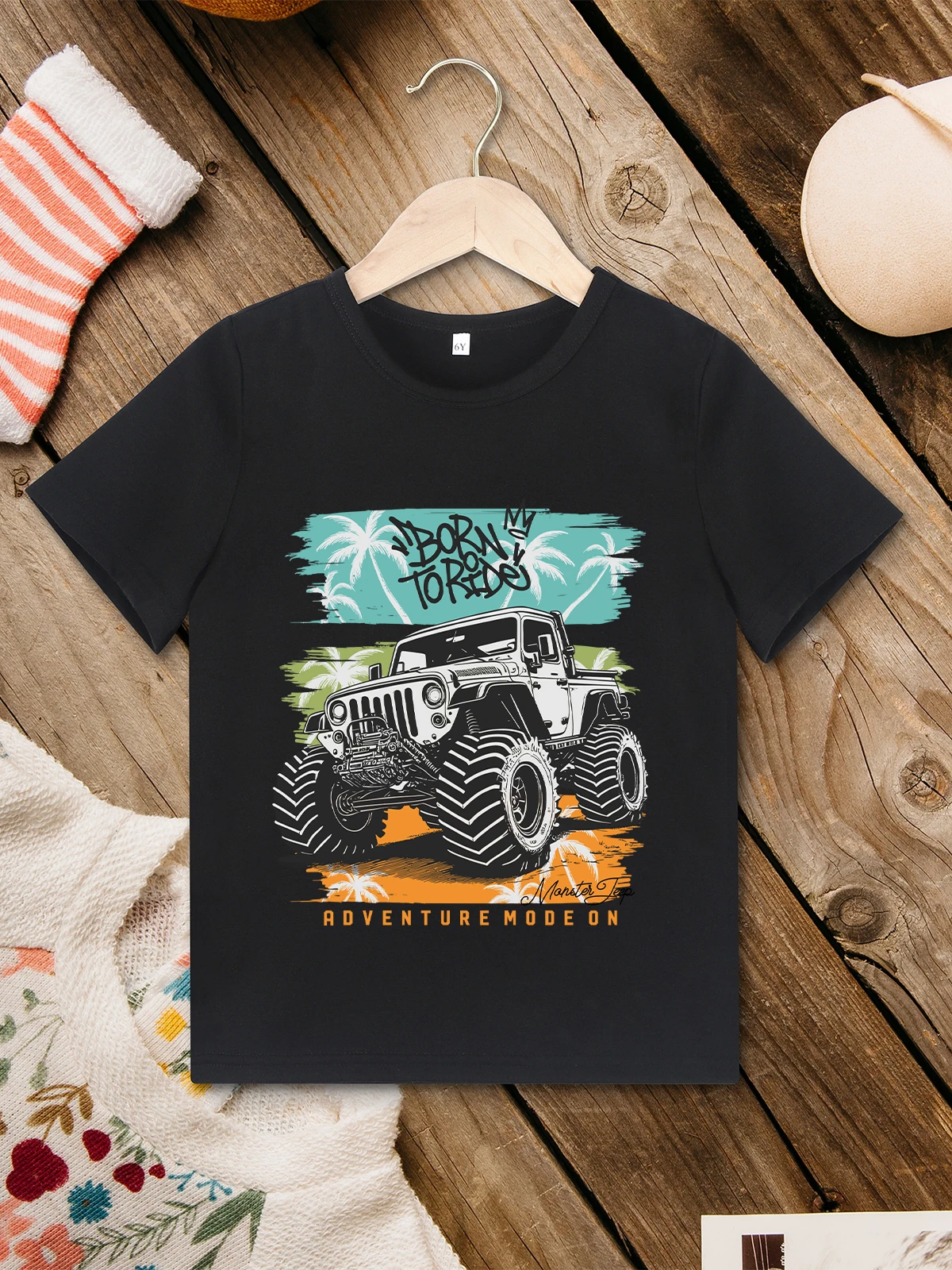 Monster Truck Hipster Boys Shirt Summer Outdoor Adventure Fashion Children's Clothing Short Sleeve Black Tops Street Casual Tees