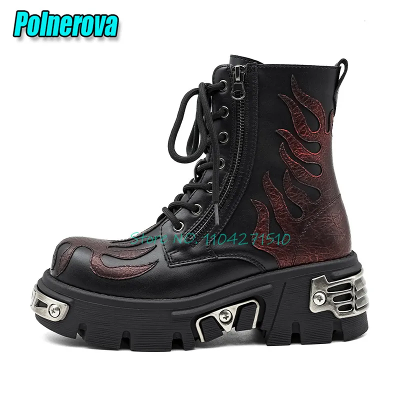 

Осенне-зимние женские ботинки на толстой подошве в стиле ретро, мотоциклетные ботинки в стиле панк с пламенным дизайном, увеличивающие рост, высокие туфли с металлическим декором