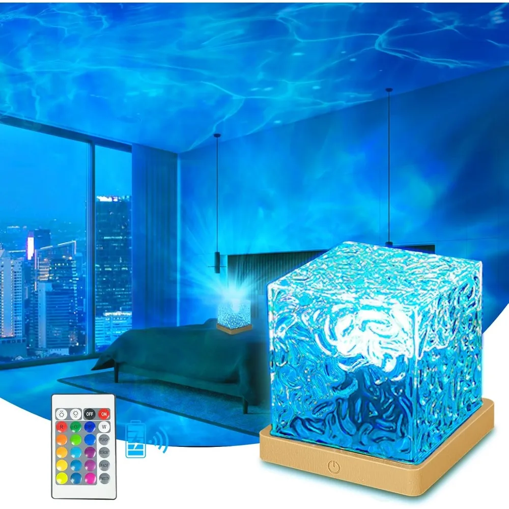 

Ocean Wave Projector Light, Rechargeable 16 Colors Luminorthe Cube Lamp, Water Ripple Lamp with Remote Control, 3D Night Light f