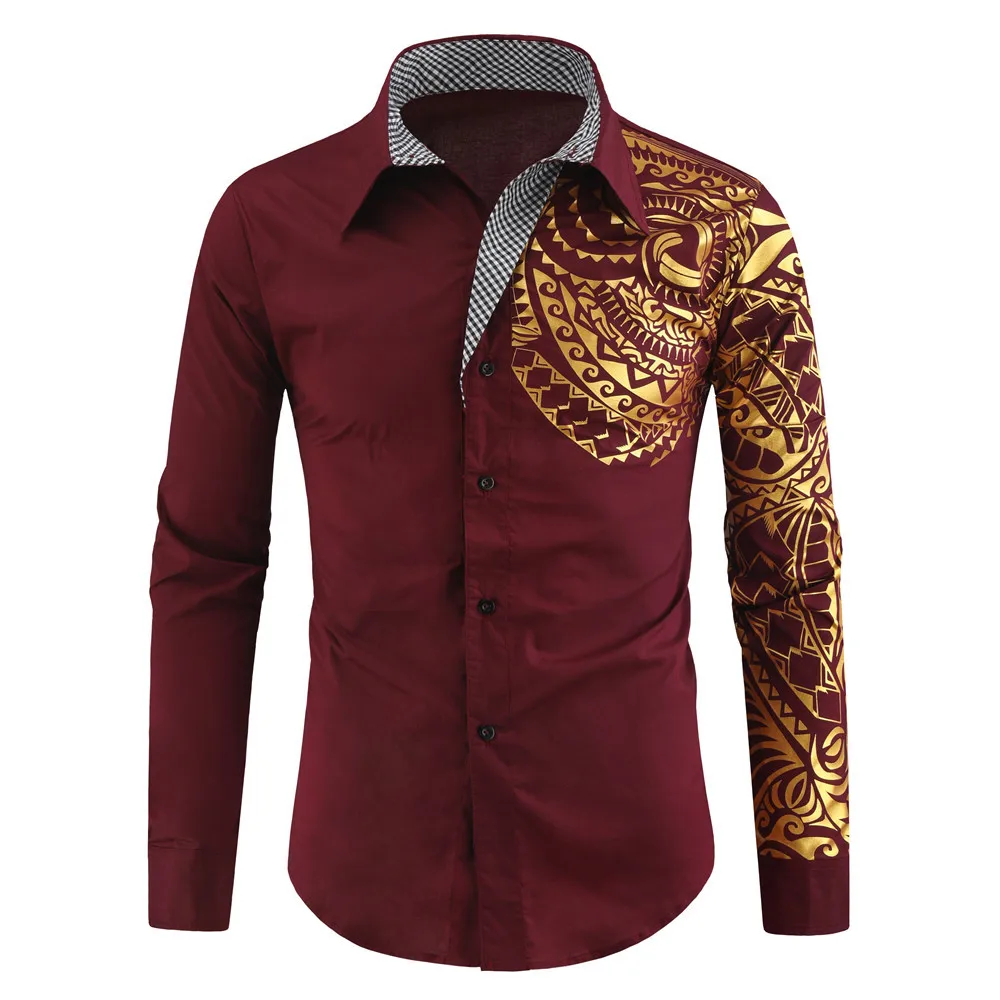 Camisa ajustada con estampado dorado para hombre, camisa informal de manga larga, moda coreana, ropa para hombre