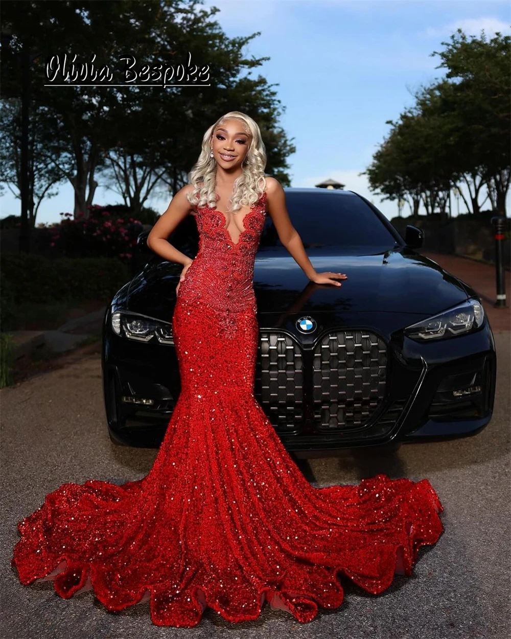 

Charming Red Sequin Prom Dresses Beaded Rhinestones Mermaid Valentine's Day Party Gowns Black Girls New Year Cocktail Customized