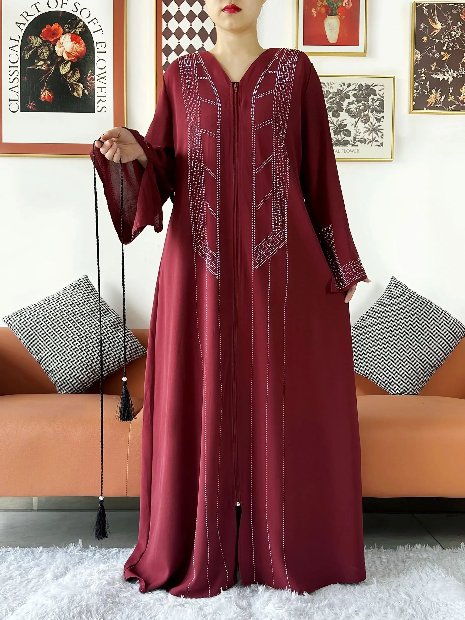 New Women Elegant Dress Chiffon Open Abaya with Zipper Muslim Women Dress Islamic Clothing Cardigan Abaya Women Muslim Dress