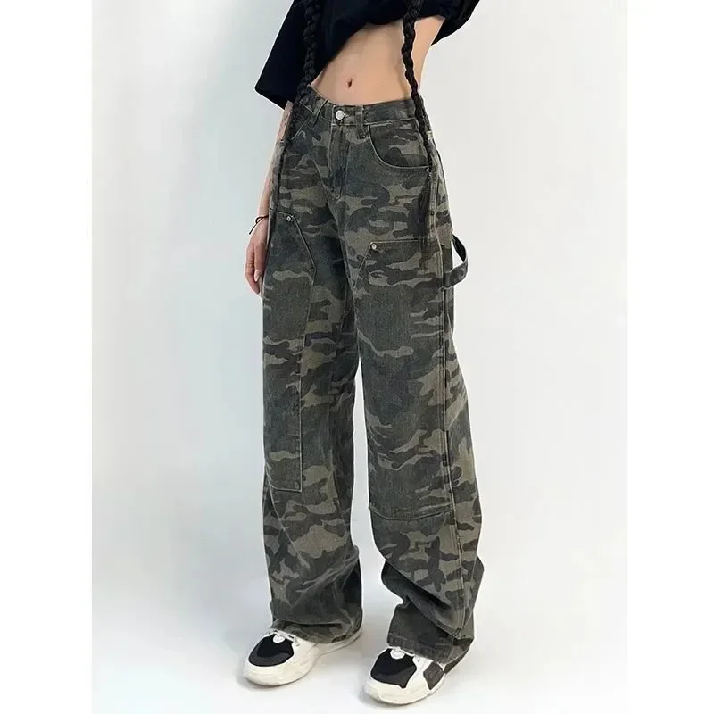 

Camouflage Cargo Pants Women Y2K Streetwear Low Rise Jeans Retro Wide Leg Trousers Denim Straight Trousers Harajuku