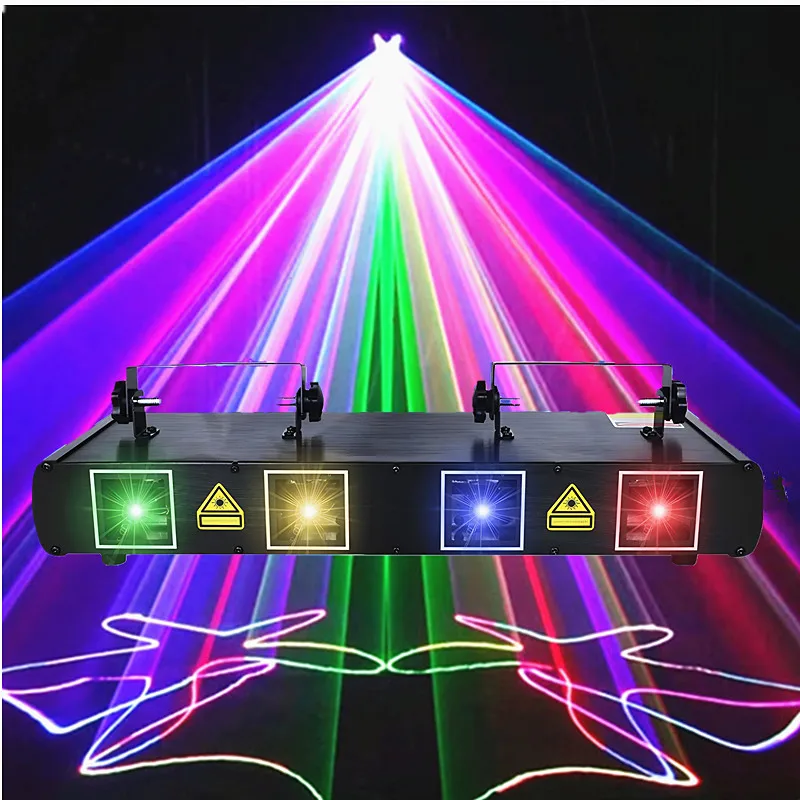 Party Lights, DJ Disco Lights, 4-Beam DMX and Voice-Controlled Laser Lights, Light Show Stroboscopic Party Lights Ambient Lights