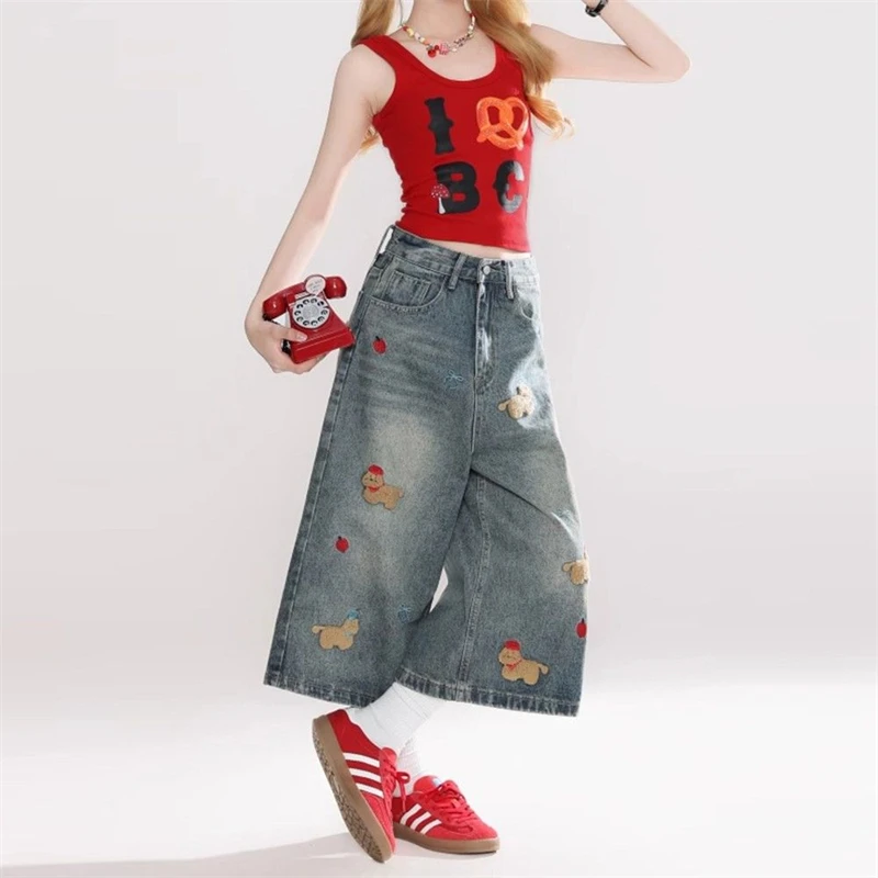 Summer Women's Cute Puppy Pattern Denim Shorts Cute Girls Calf-length Trousers High Waist Pants Female Wide Leg Streetwear