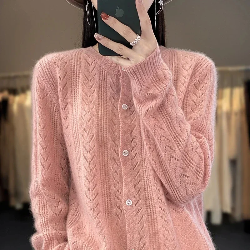 Round Neck Cardigan for Women, 100% Merino Wool Apparel, Casual Loose Knitted Hollow Top, Spring and Autumn Fashion, New Product