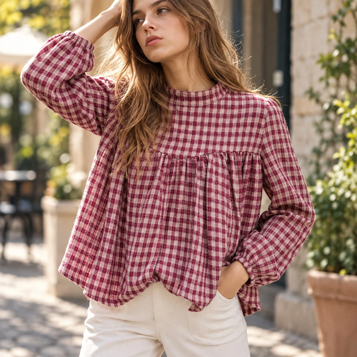 Checkered Pattern Plaid Blouse Regular Length Casual with Long Sleeve T Shirt Ins Style Shirt Blouse Patchwork Autumn Women Top