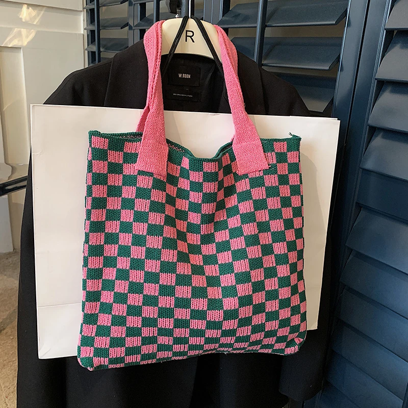 

2025 Spring New Two-color Mosaic Knitting Square Shoulder Bags Large Capacity Fashion Popularity Hot Trendy Tote Bags for Women