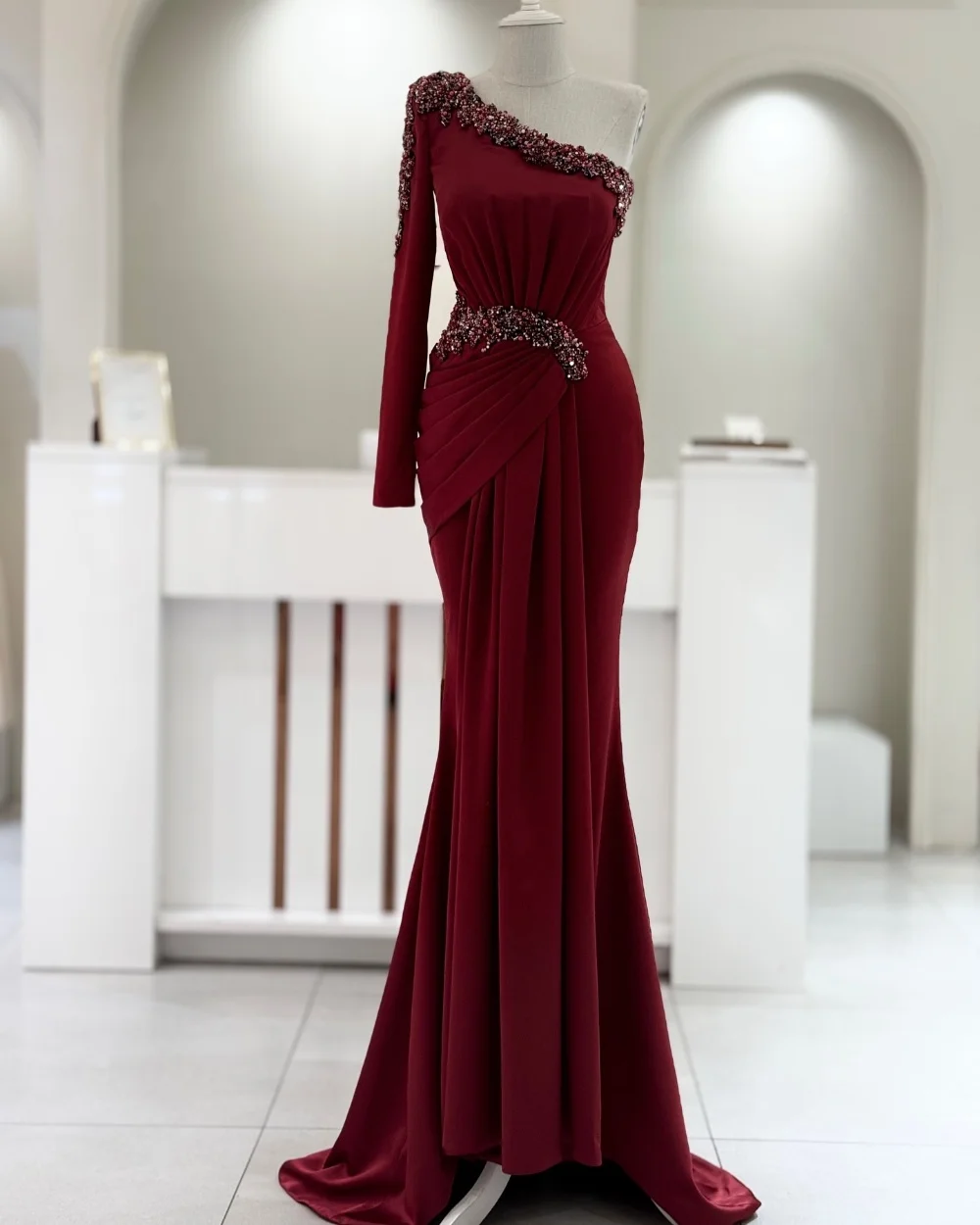 

Customized Exquisite Jersey Pleat Sequined Trumpet One-shoulder Long Dresses Bespoke Occasion Dresses Fashion Sparkle