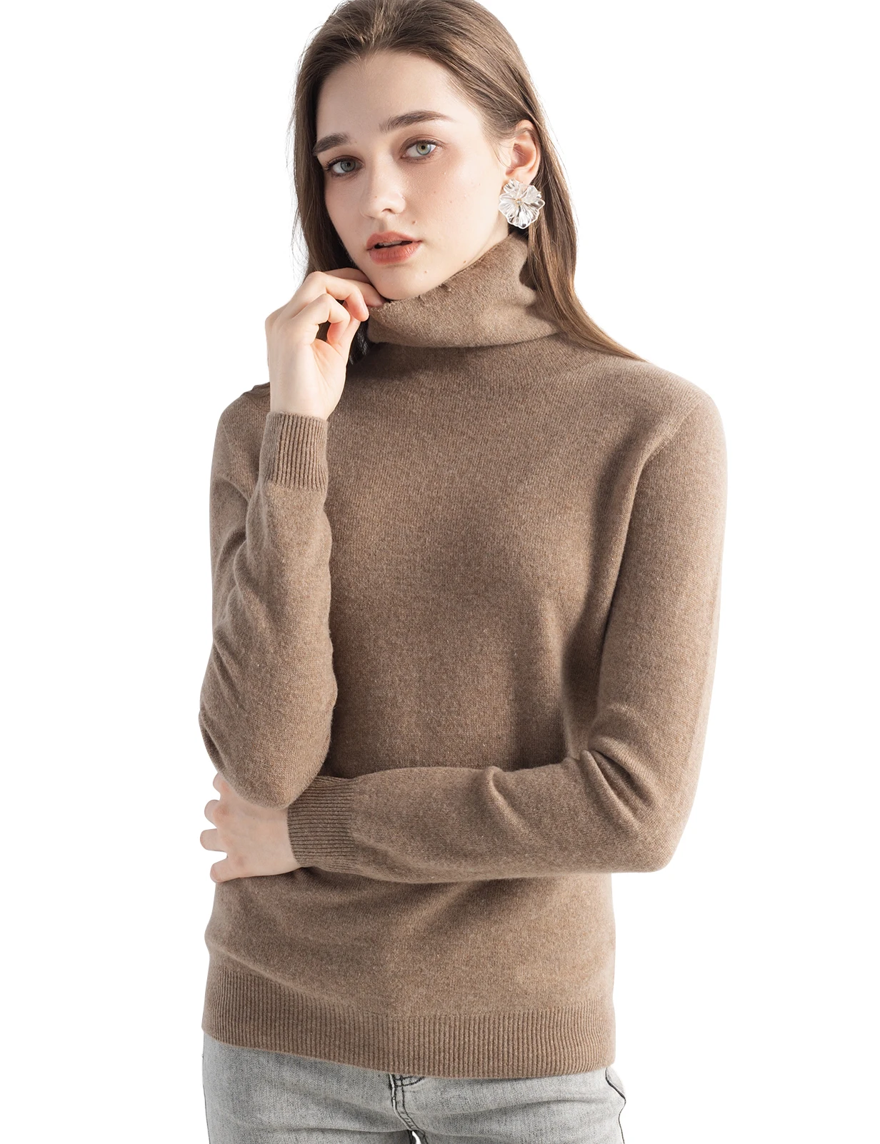 المرأة محبوك البلوزات سترة الكشمير المعنقة 100% ميرينو الصوف الياقة المدورة طويلة الأكمام البلوز الخريف الشتاء الملابس Top البلوز #4