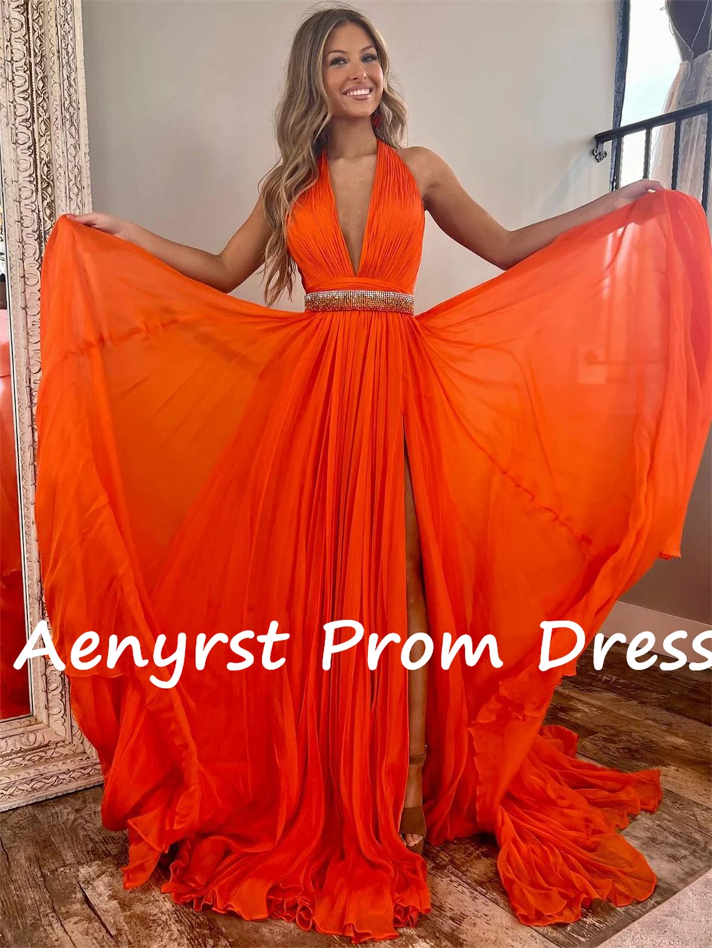 Aenyrst V Neck A Line Evening Dresses For Women Chiffon Pleated Side Split Holiday Gowns 2024 Floor Length Birthday Party Dress