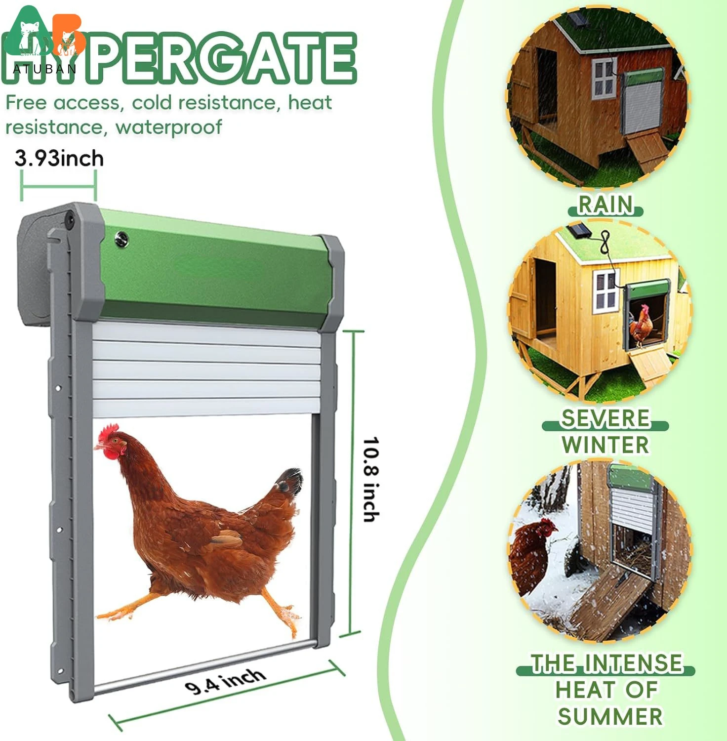 ATUBAN Automatic Chicken Coop Door Solar Powered Ip67 Waterproof Automatic Chicken Door Timer Light Sensor Intelligent Anti Clip