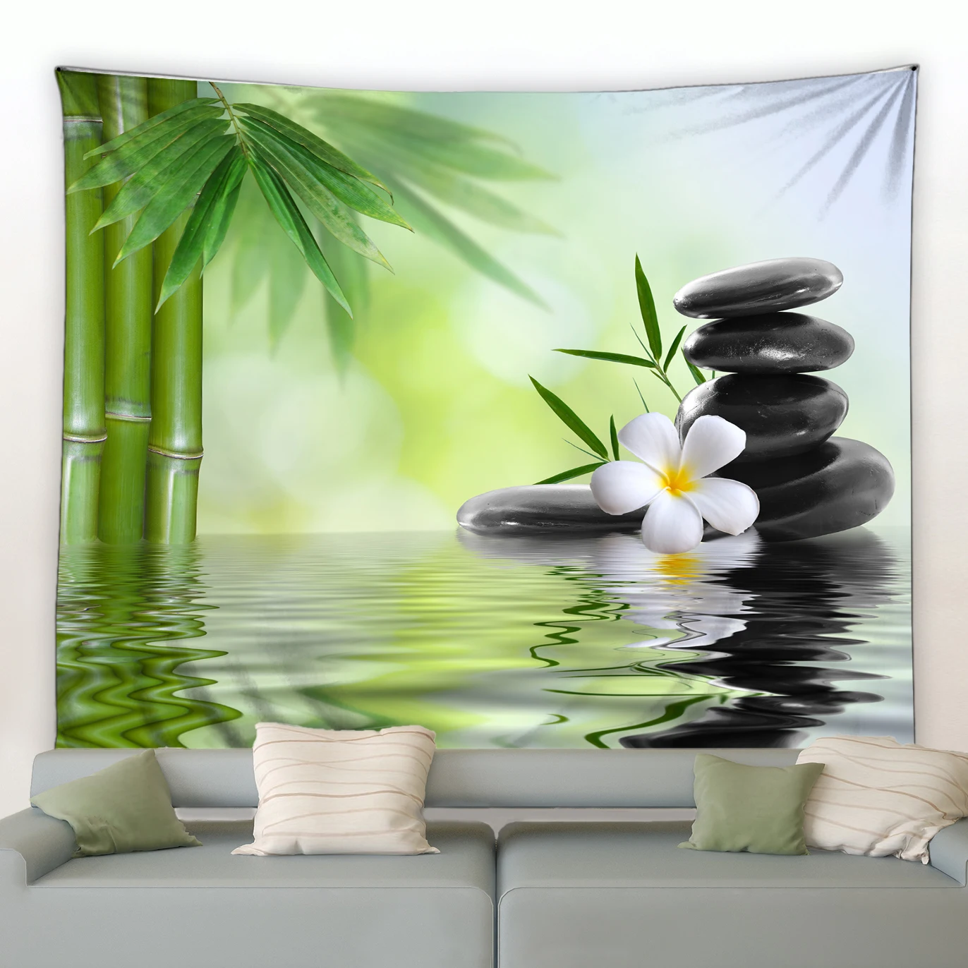 Green Bamboo Orchid Zen Tapestry Black Stone Wall Hanging Asian Spa Landscape Home Room Living Room Decor Wall Blanket Cloth
