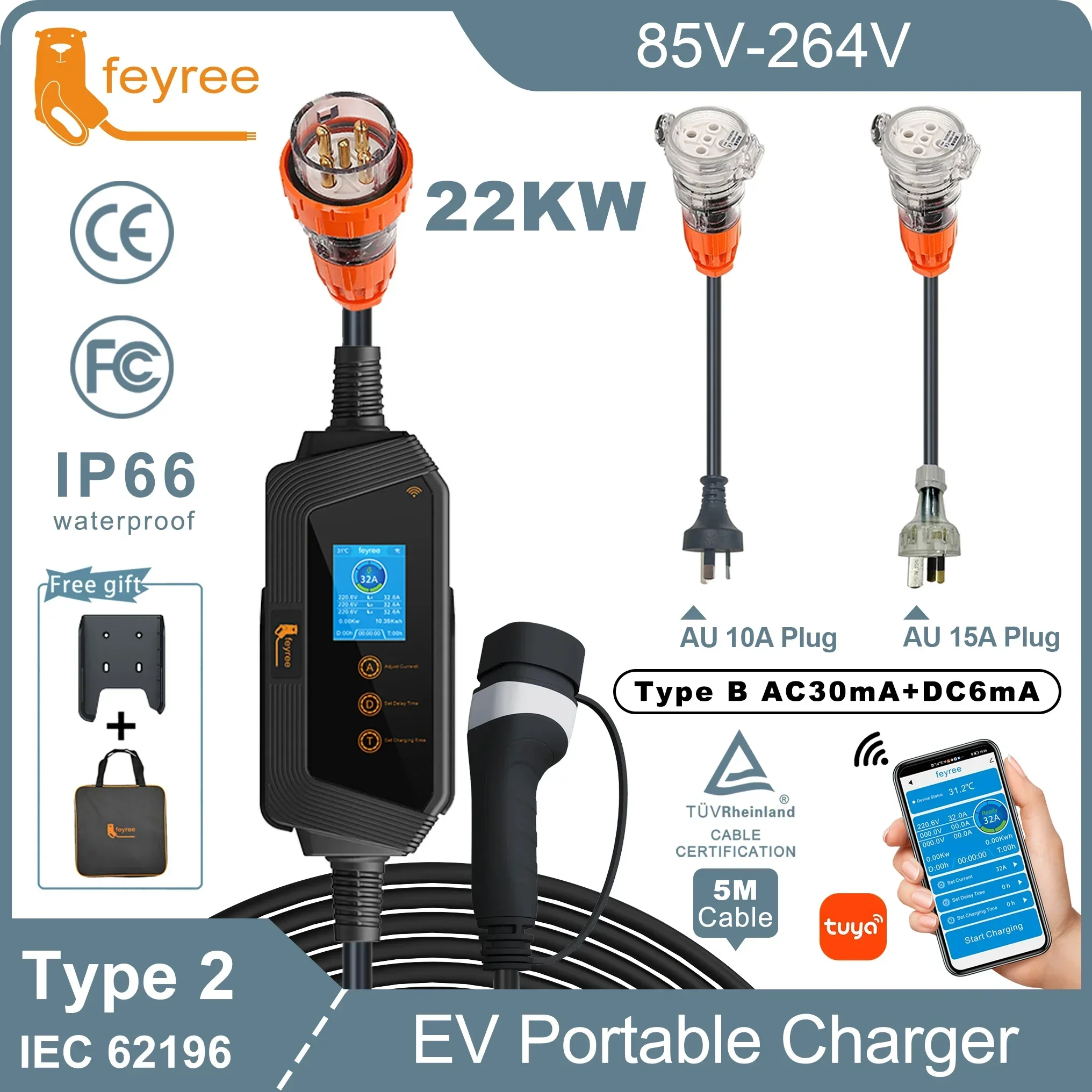 feyree 22KW 32A 3Phase Type2 Portable EV Charger Wi-Fi APP Control EVSE Charging Box with AU 5pin Plug for Electric Car Charger