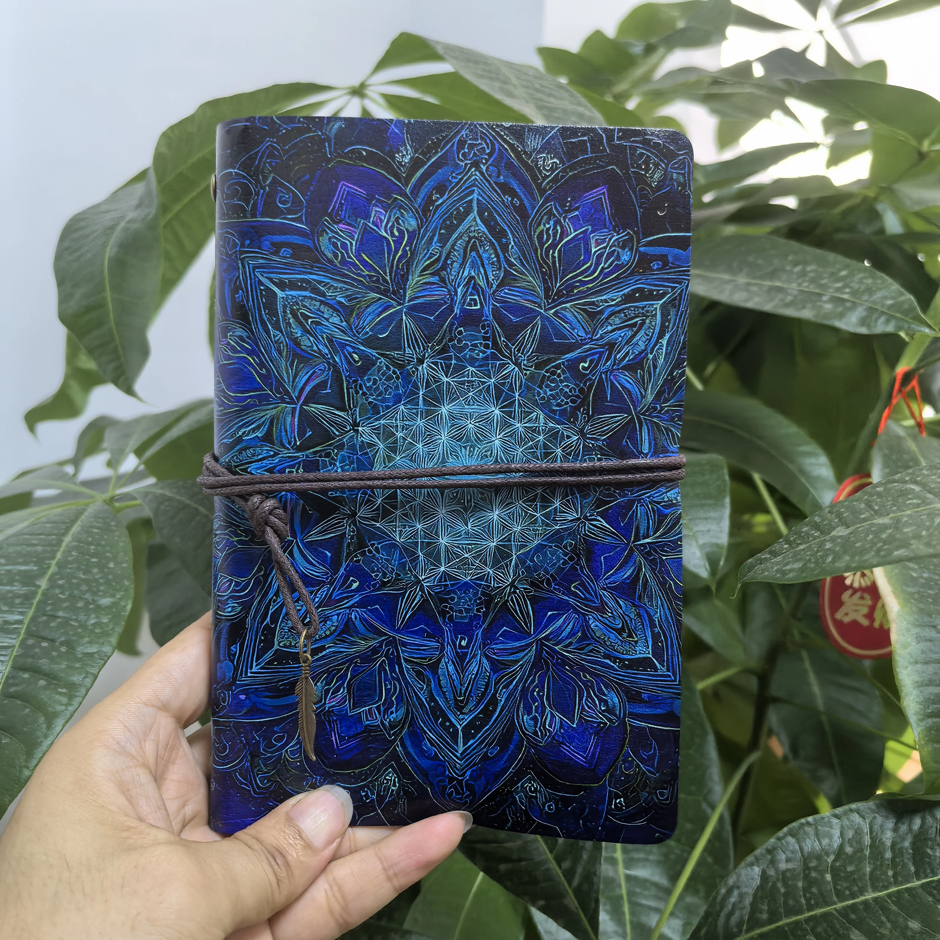 Mystical Blue Mandala Sacred Geometry Leather Journal, Retro Boho Travel A6 Notebook, Witchcraft Wicca Stationery Gift，Spiritual