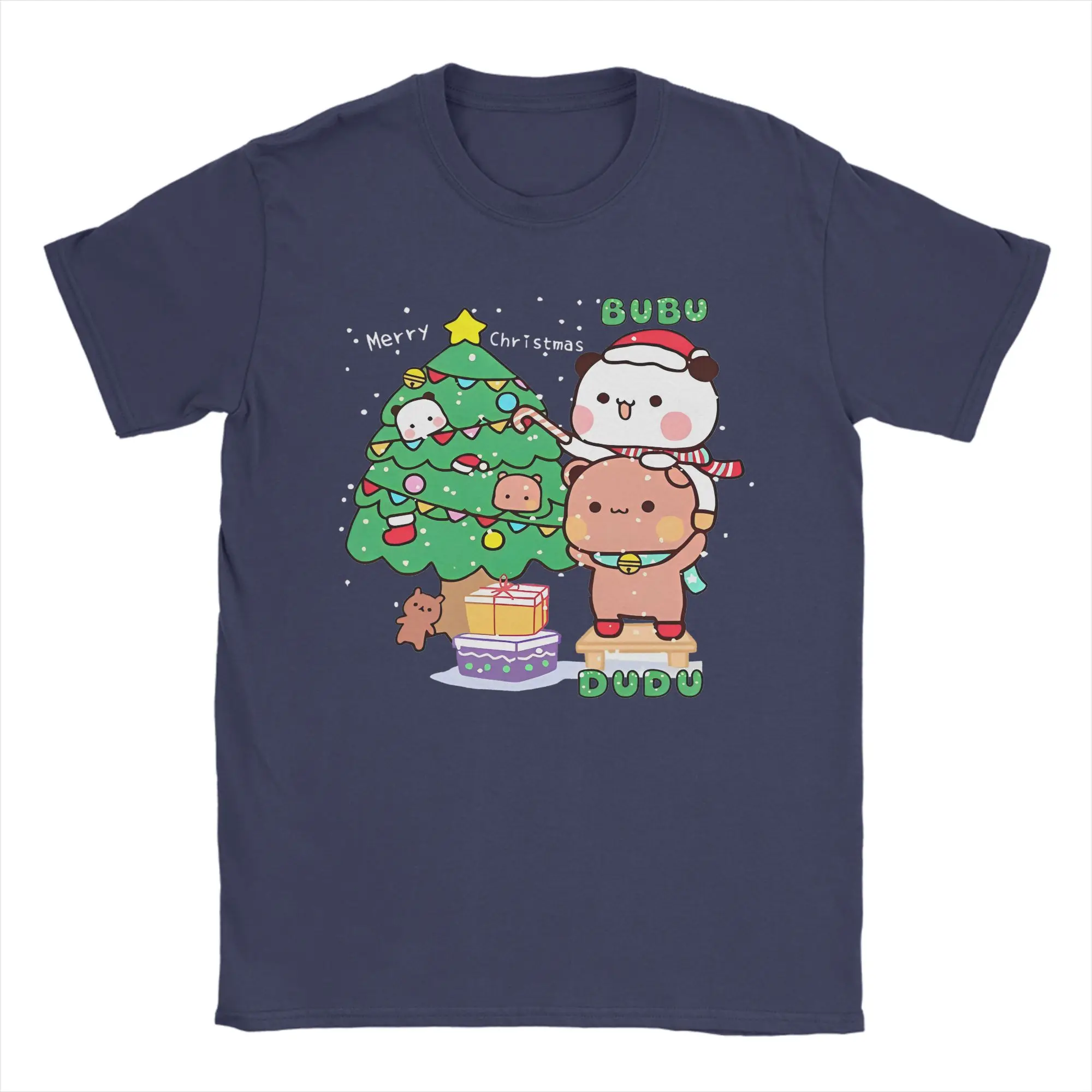 Lässiges Bubu Dudu Weihnachten Panda Paar T-Shirt Damen Herren Rundhals Kurzarm Tops Süße Weihnachten Baumwolle Sommerkleidung