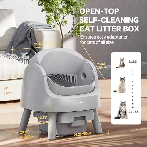 Automatic Self Cleaning Litter Box, with 4 Pairs Infrared Senor, Open-Top Design for Multi-Cat Homes, Comes with Liner