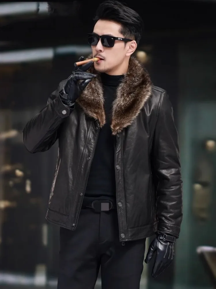 Winter Mens Cowskin Genuine Leather Jacket Luxury Mink Fur Lining Warm Raccoon Fur Collar Punk Motorcycle Short Coat Size 5XL