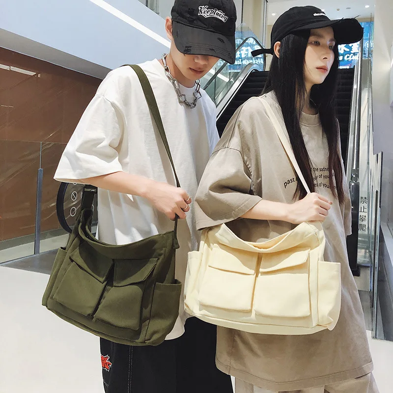 

Workwear style large capacity canvas bag simple casual travel shoulder crossbody bag trendy mailman bag unisex