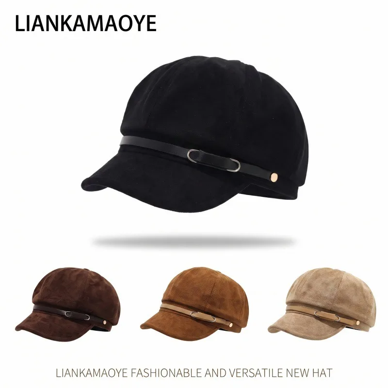 Women Autumn Winter Soft Texture Octagonal Beret Smart Safety Pin Buckle Newsboy Hat, Face Flattering Painter Cap for Daily Wear