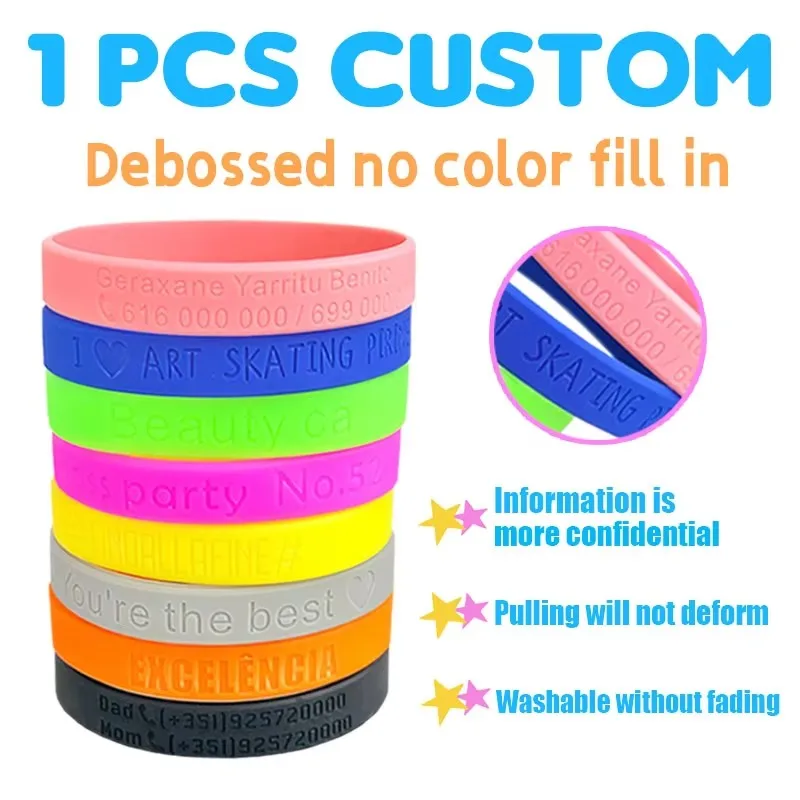 1PCS Debossed Technique Without Color Fill In Customizable LOGO ID SOS Bracelet Engraved Personalized Custom Silicone Wristbands
