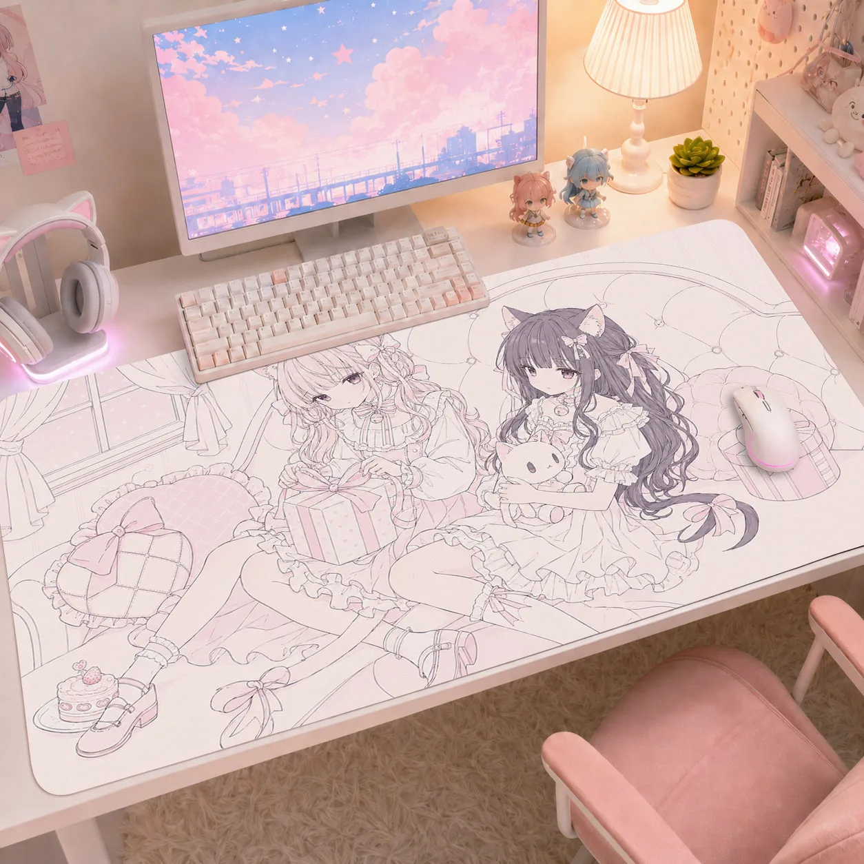 Japan Anime Kawaii Pink Angel Girl Bunny Leather PU Desk Pad Protector Mouse Pad Office Waterproof Non-Slip Desk Blotter Pad