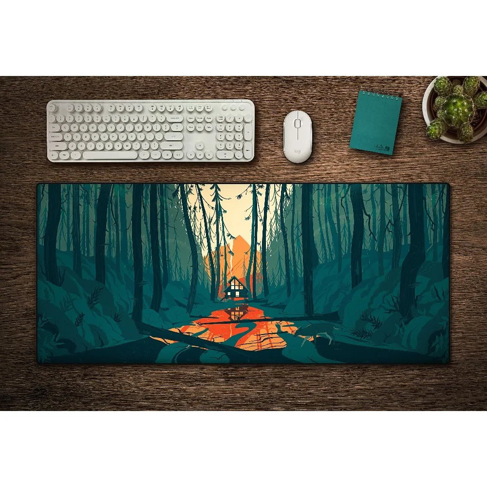 Forest Cabin Desk Mat, Stitched Edge Thick Gaming Mouse Pad with Original Artwork office desk accessories escritorio accesorios