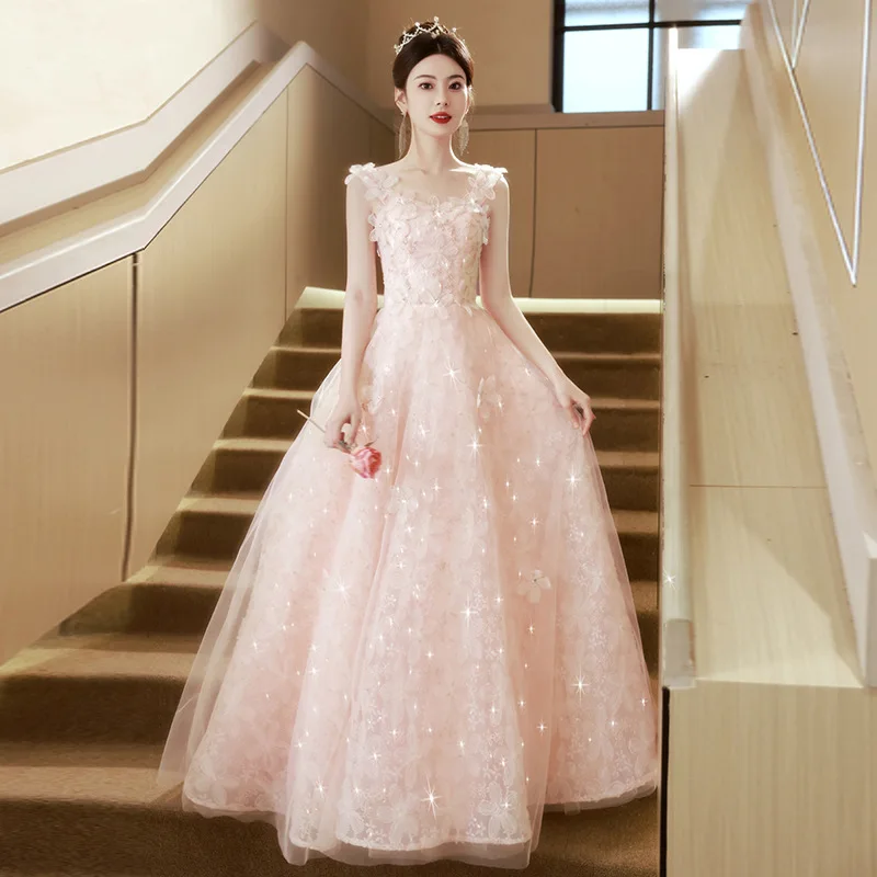 Pink Forest Flower Evening Dress, High End, Engagement, Wedding Toast Dress, Host Performance, Graduation Dress, Long Style