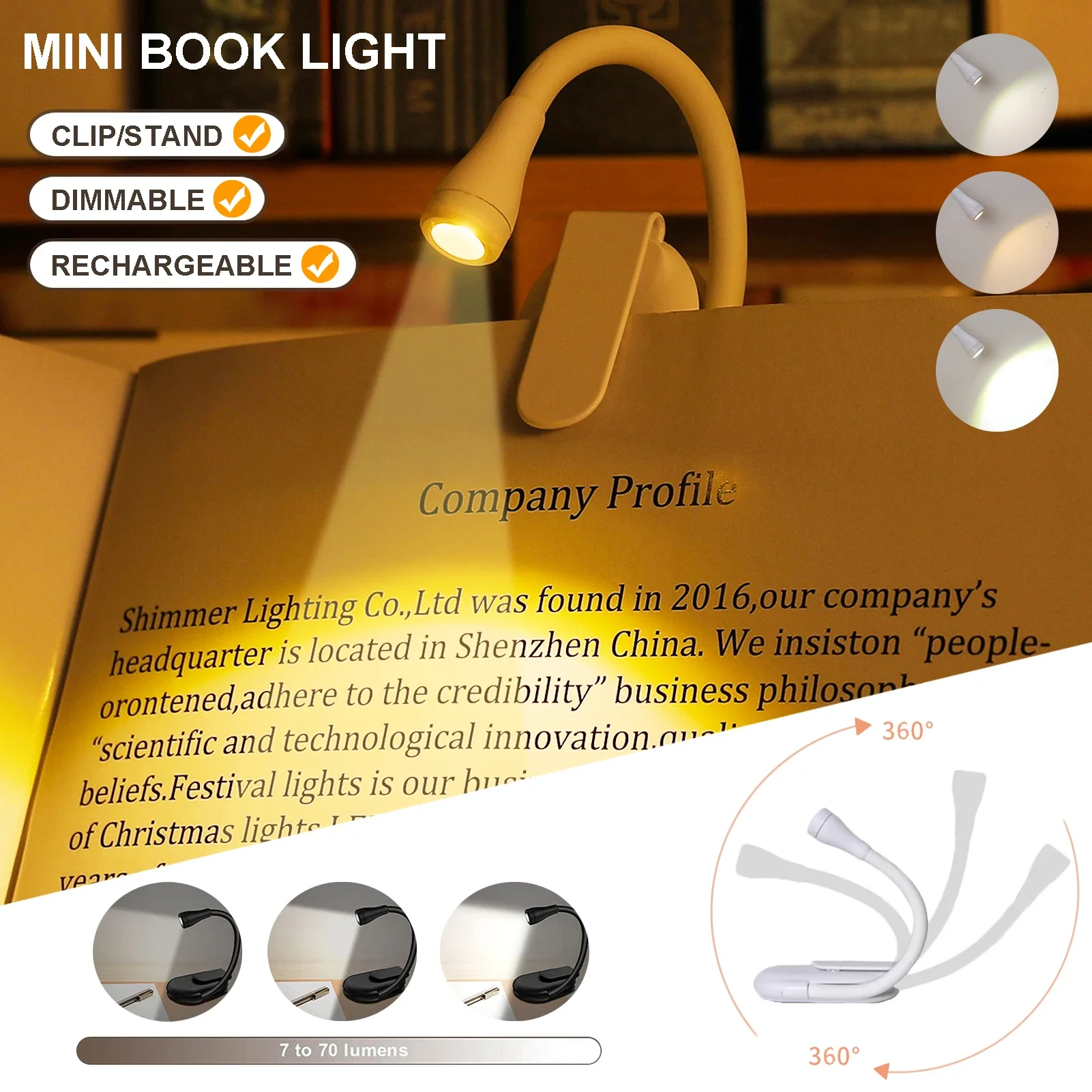 

Portable LED Book Lights USB Rechargeable Eye Protection Night Light Mini 360°Clip-On Desk Reading Lamp Travel Bedroom Study