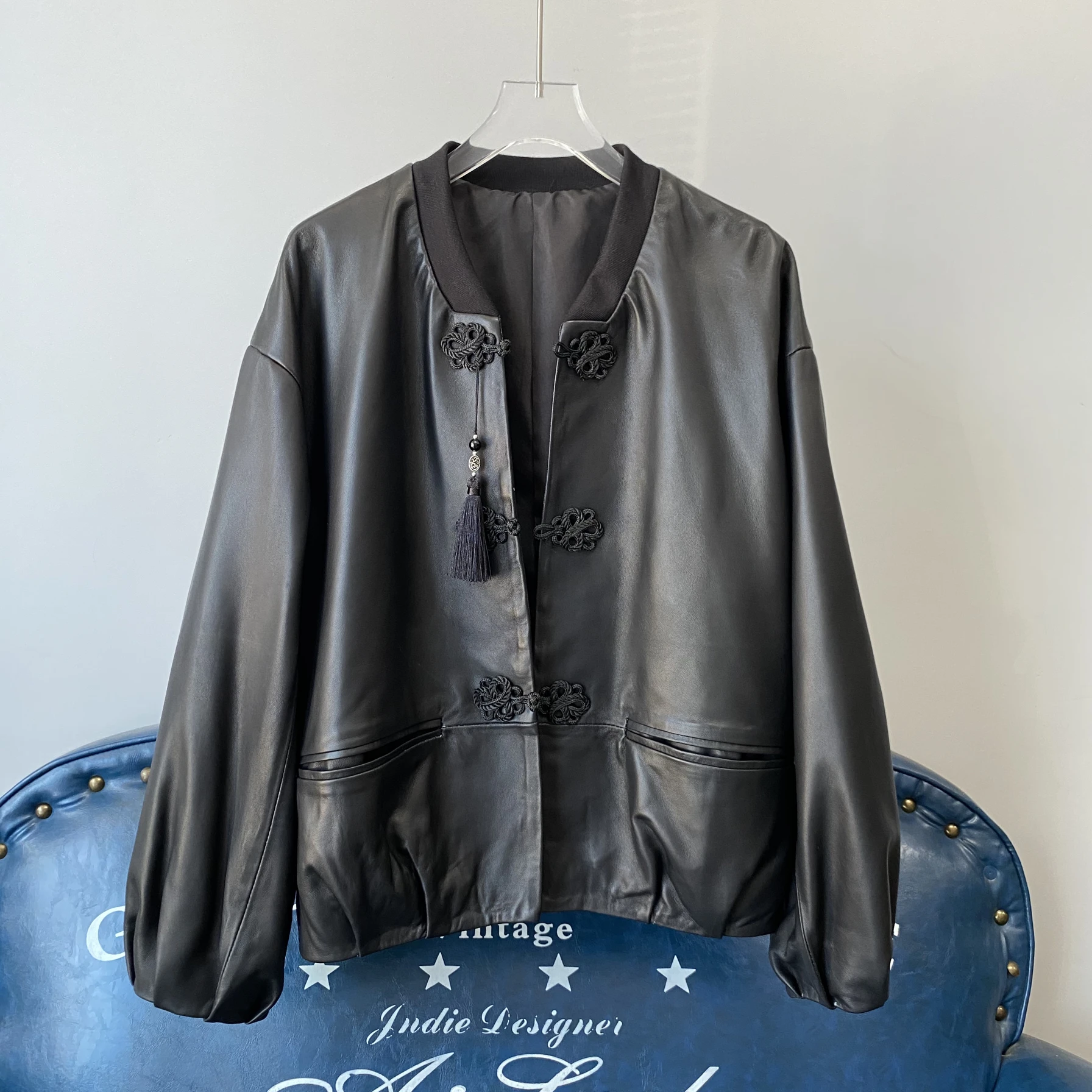 Vintage abotonado ort cuero genuino Jaet mujer Faionable Casual suelto cuello alto eepskin abrigo largo Sve