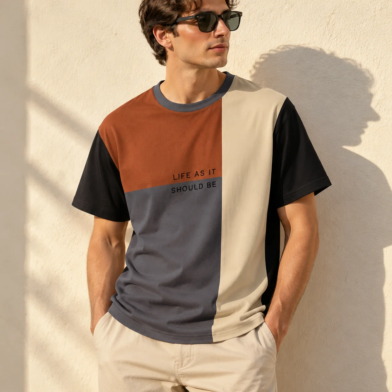 Men's Color Block T-Shirt, Vintage Splicing Graphic Tee, 