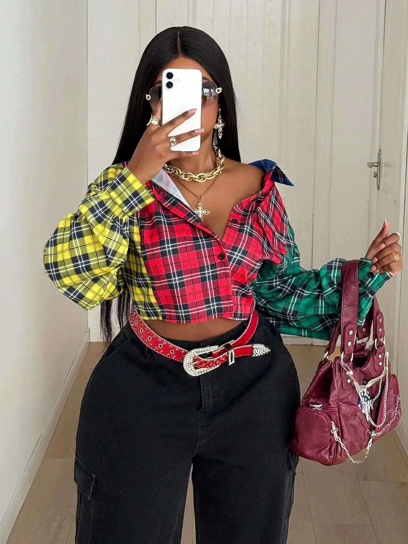 

Plus Size Color Block Plaid Button-Up Crop Top with Puff Sleeves, Streetwear Style