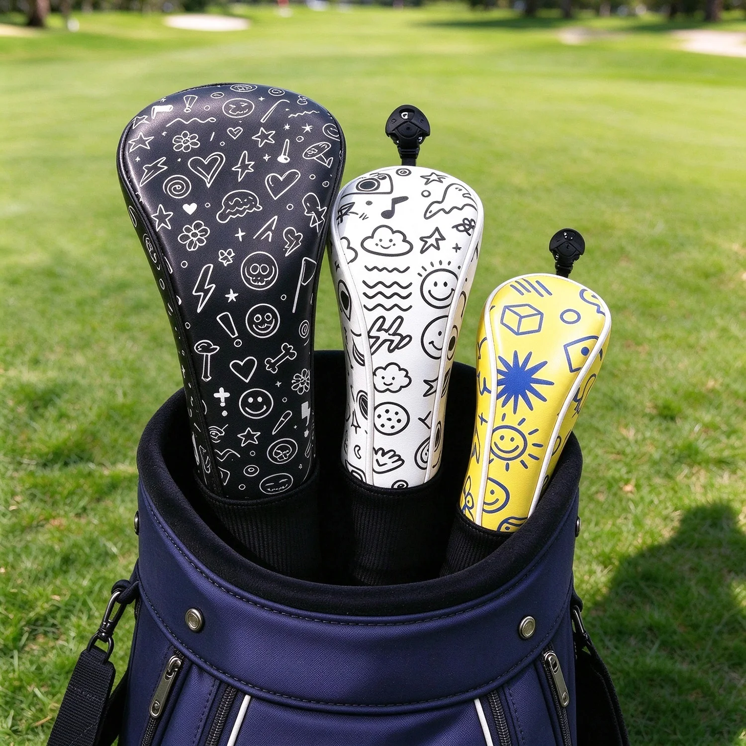 3pc Golf Headcover Graffiti PU Leather for Driver Fairway Wood Head Cover Waterproof Durable Fit Golf Club Head Protectors