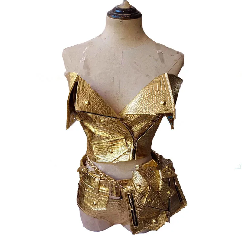 Sexy Golden punk style stage costume set Snakeskin turtleneck  costume Nightclub DJ DS bar rave female singer gogo dance outfit