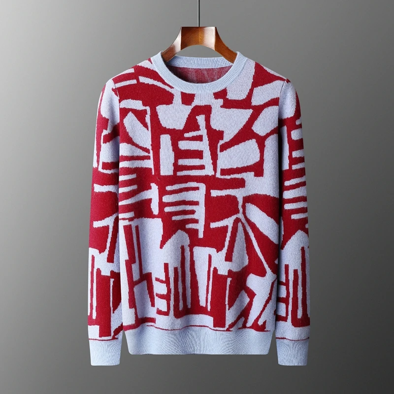 New Men's Sweater 100% Cashmere Autumn Winter Fashion Knitted Jacquard Pullover Color blocked O-Neck Thickened Men's Wear Top