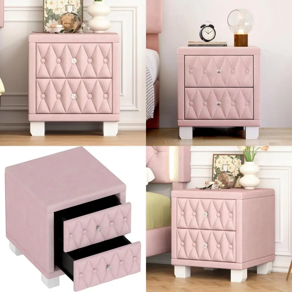 

Прикроватная тумбочка для детей с бархатной обивкой, 2 ящиками, хрустальными ручками и местом для хранения вещей – розовая