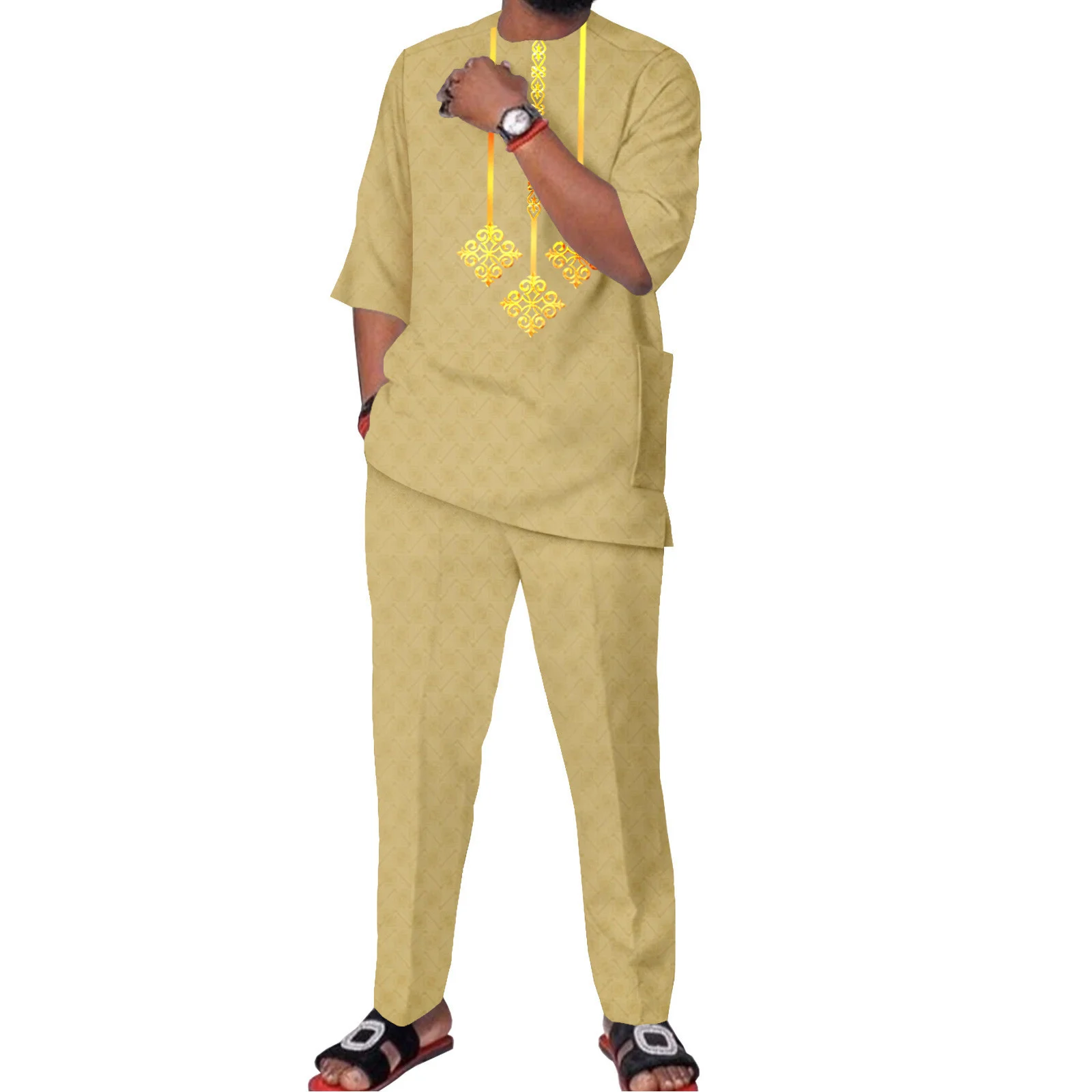 Traje de algodón para hombre, chaqueta y pantalones informales de Color sólido, ropa Africana étnica, pantalones cortos, chándal, primavera y verano, nuevo