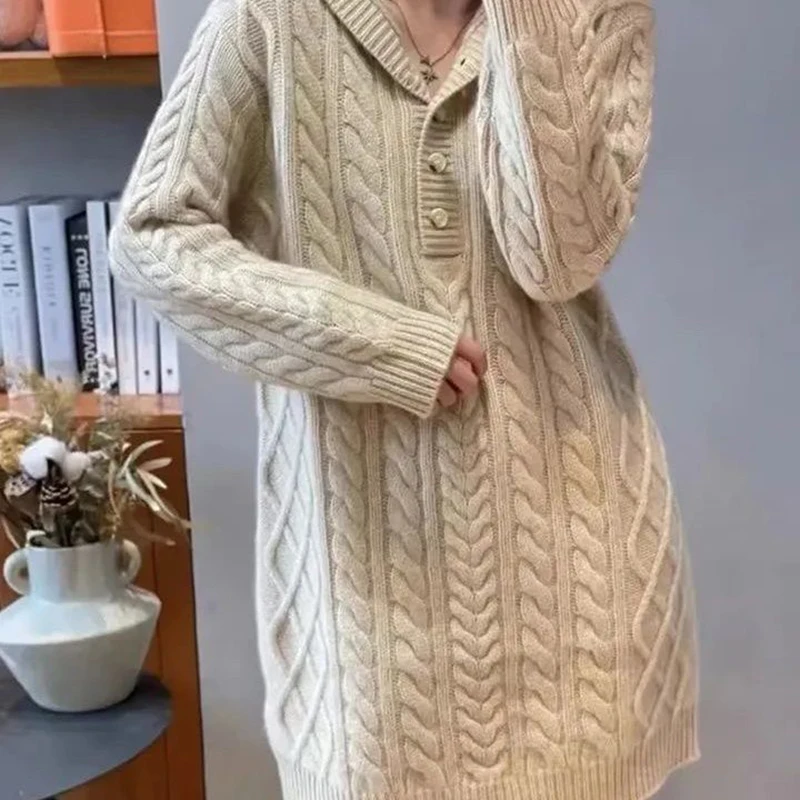 Autumn Winter Chic Pullover Sweater Women's Outer Wear Solid Color Twist Hooded Knitt Sweater Dress 2025 New Loose Wool Knitwear