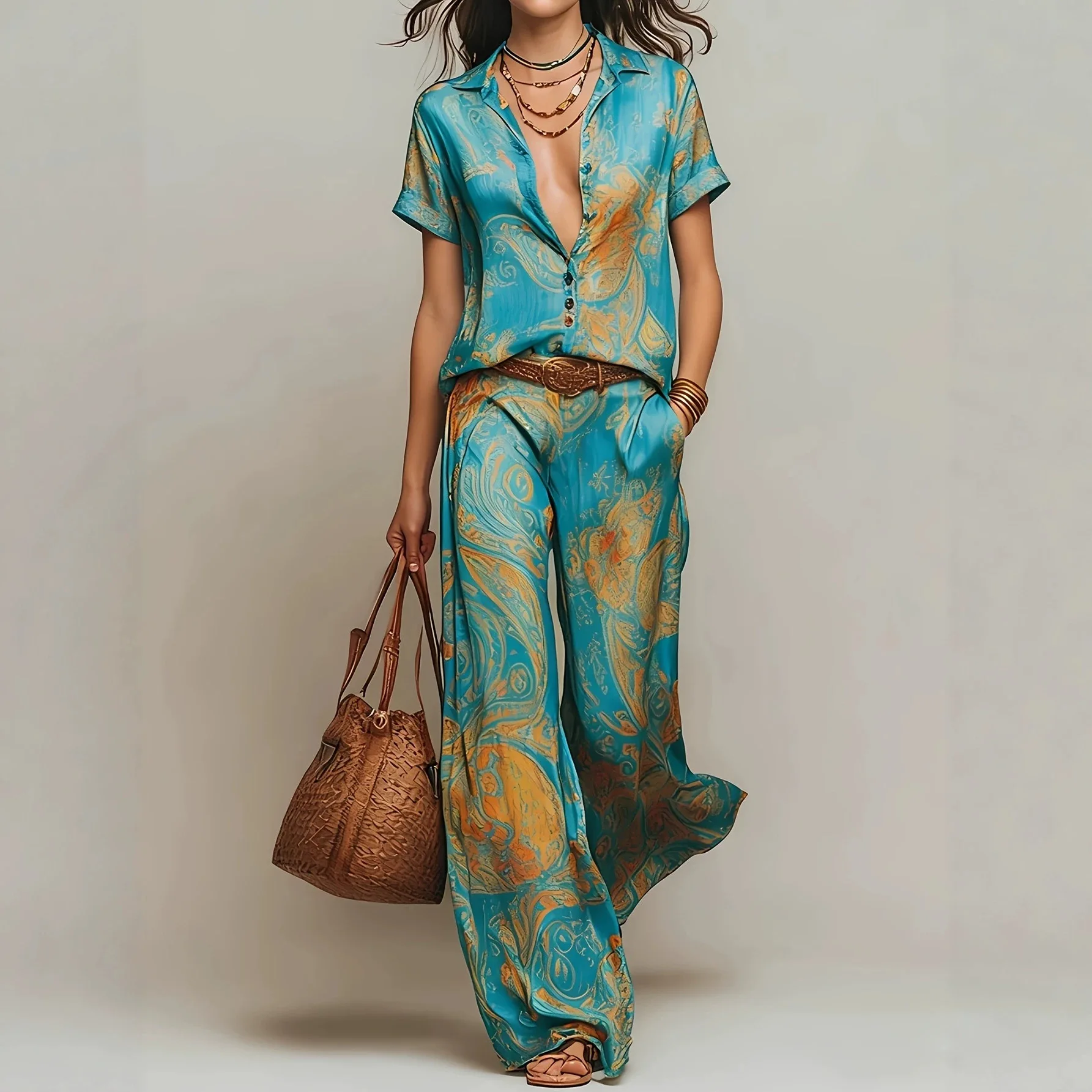 Summer Women's Vintage Print Two-Piece Set for Shirt Collar Button Short Sleeve Top Wide Leg Pants Casual Slim Suit for Vacation